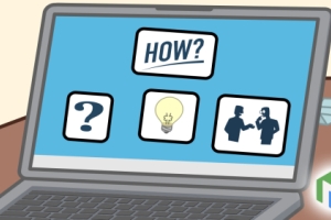 Instructional icons appear on a computer laptop. The word "How?" is highlighted.